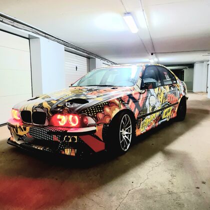 Car Wrap, BMW E39, with custom graphics on 3M vinyl